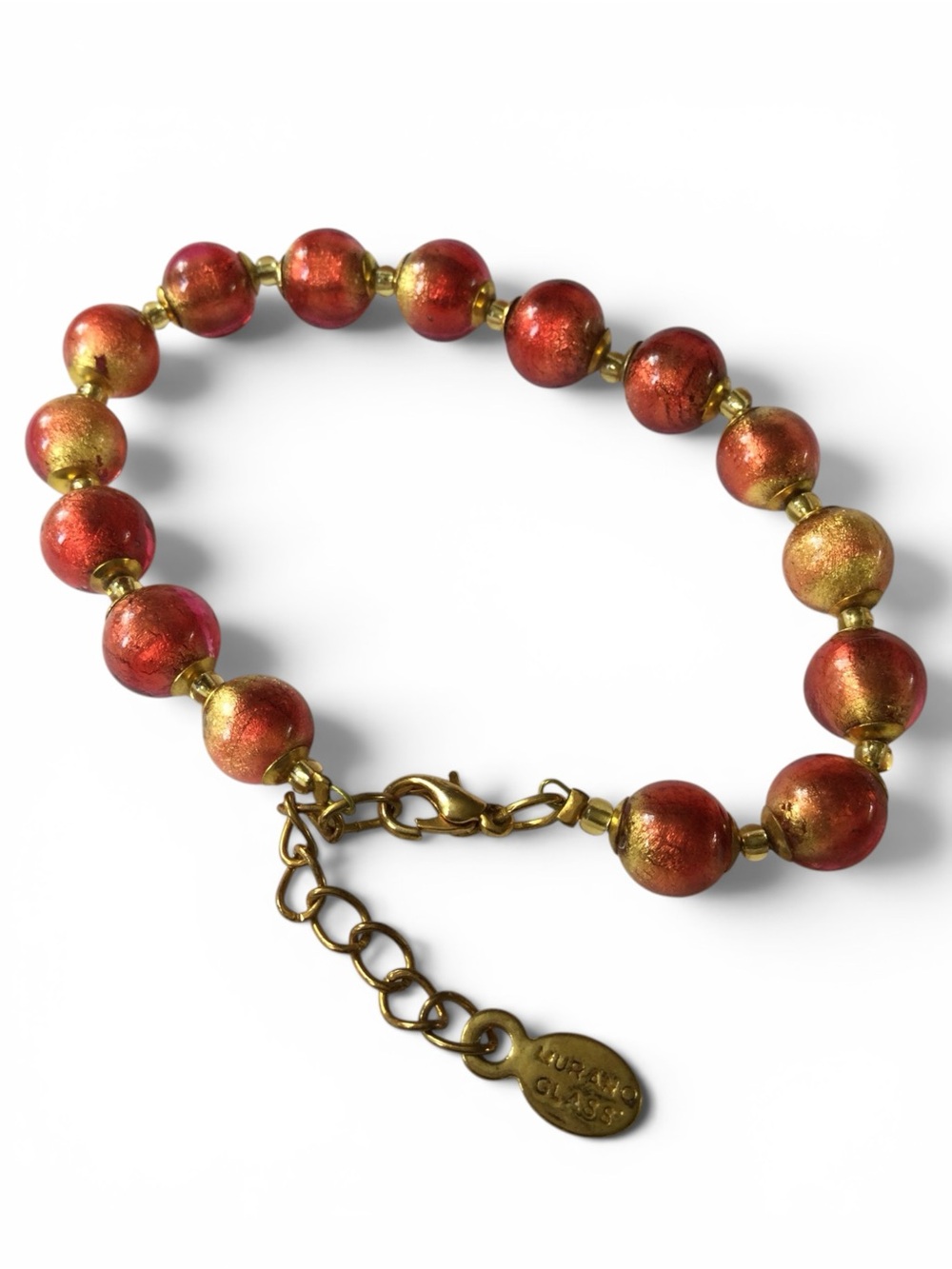 Rare Murano Glass Ombré Red-Orange Beaded Bracelet, Gold-Tone, Made in Italy - Picture 11 of 12